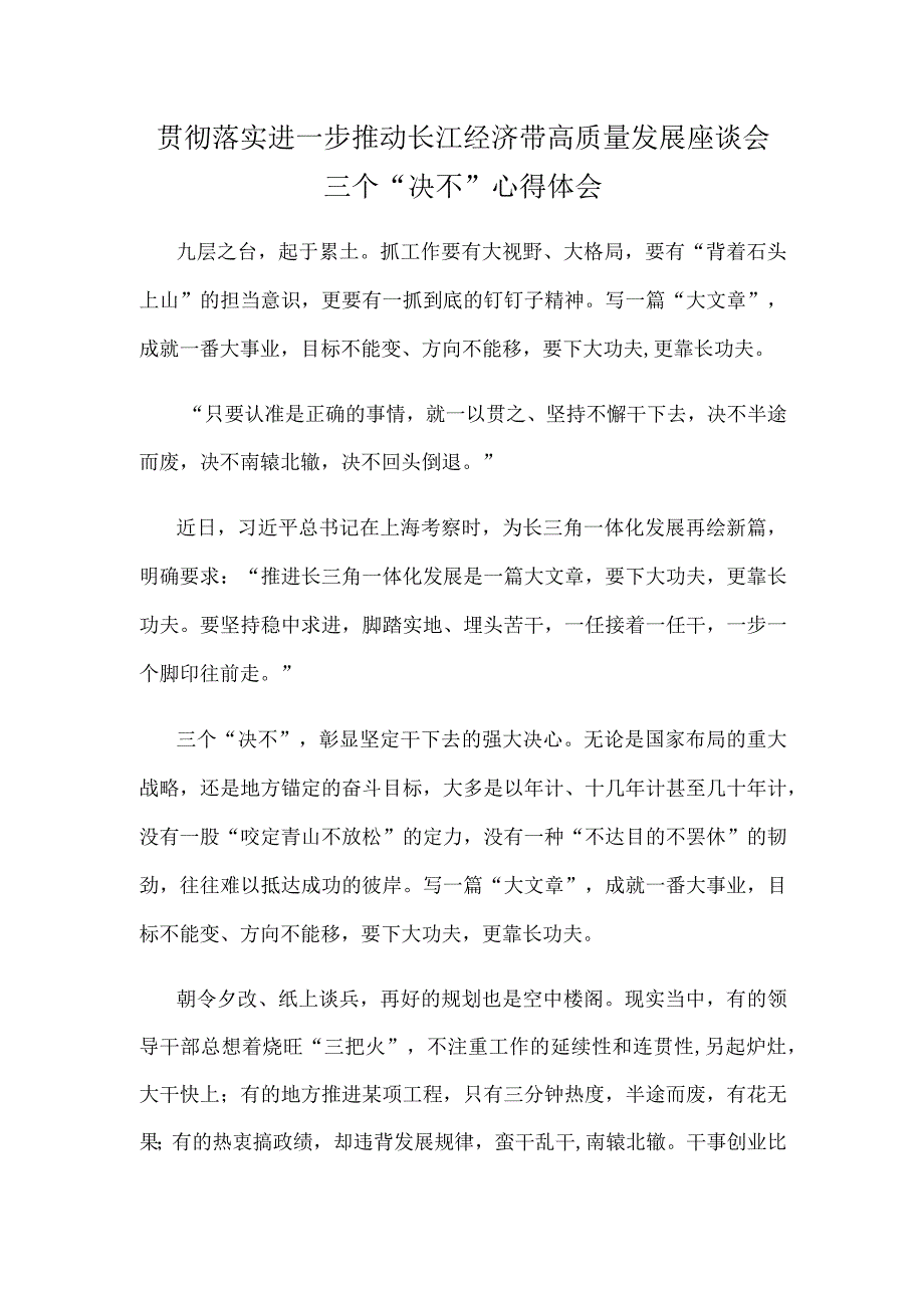 贯彻落实进一步推动长江经济带高质量发展座谈会三个“决不”心得体会.docx_第1页