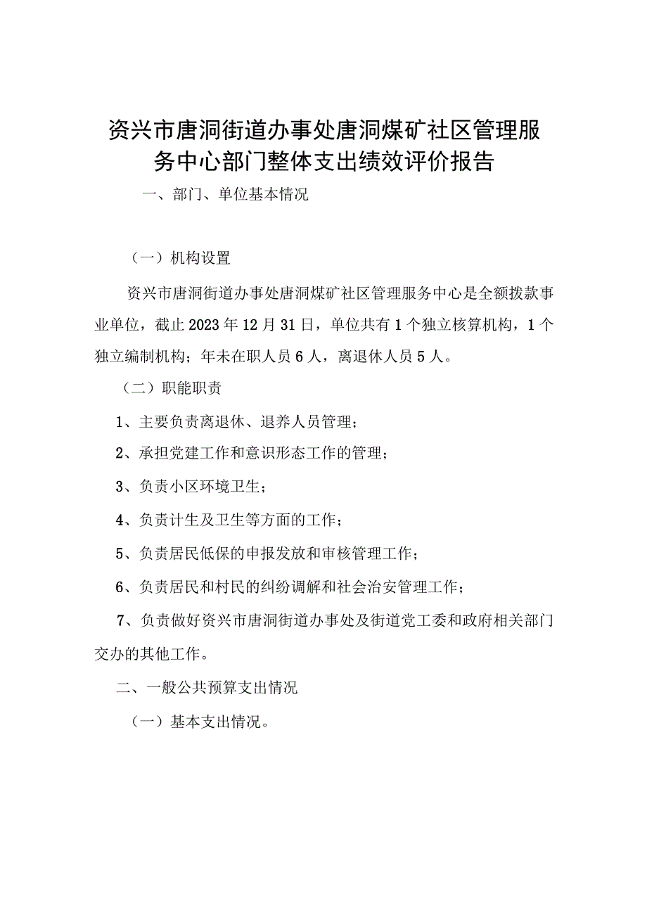 资兴市唐洞街道办事处唐洞煤矿社区管理服务中心部门整体支出绩效评价报告.docx_第1页