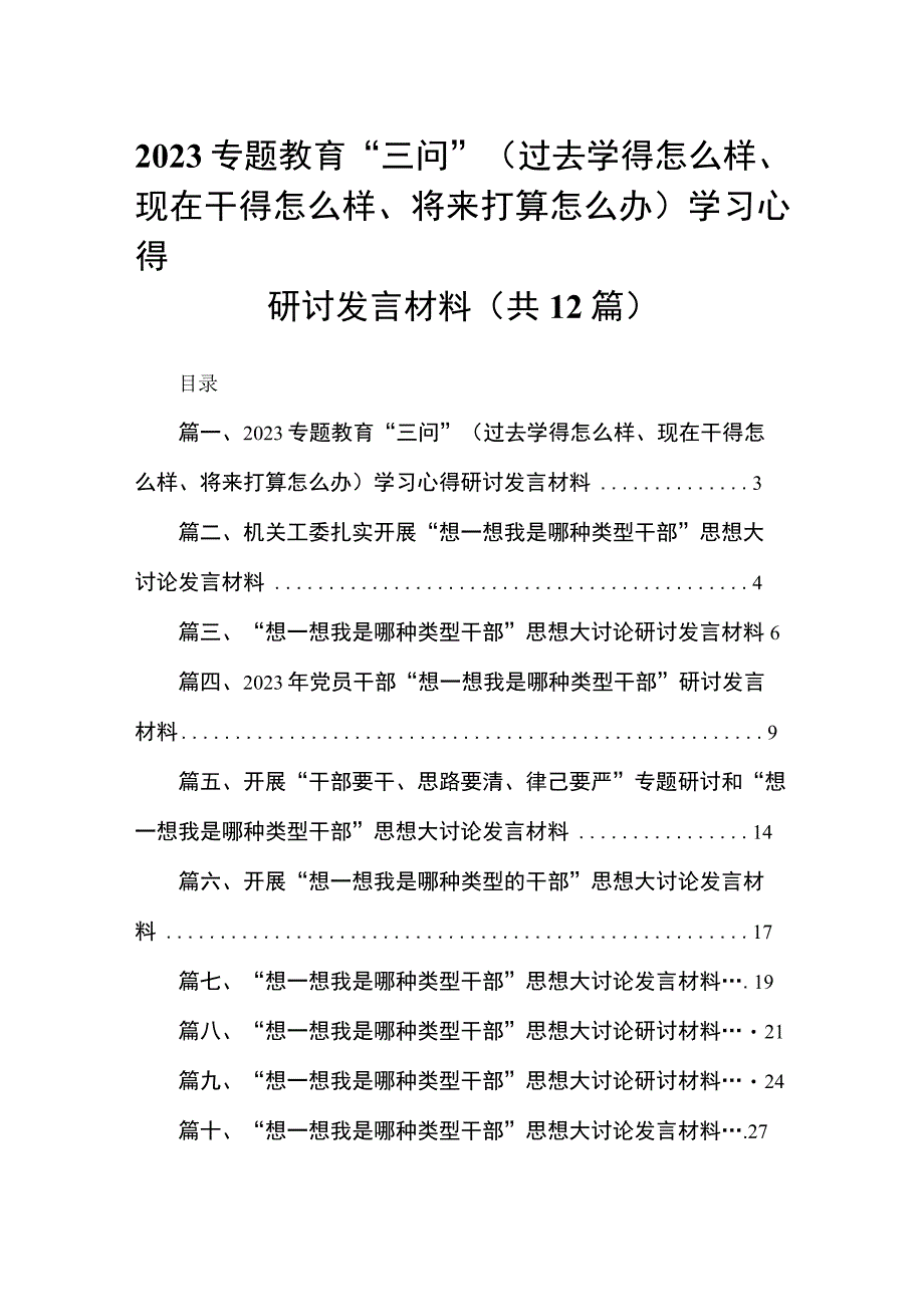 专题教育“三问”（过去学得怎么样、现在干得怎么样、将来打算怎么办）学习心得研讨发言材料(精选12篇).docx_第1页