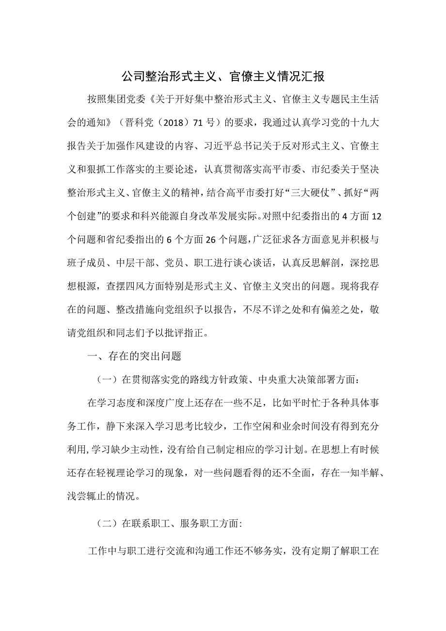 公司整治形式主义、官僚主义情况汇报.docx_第1页