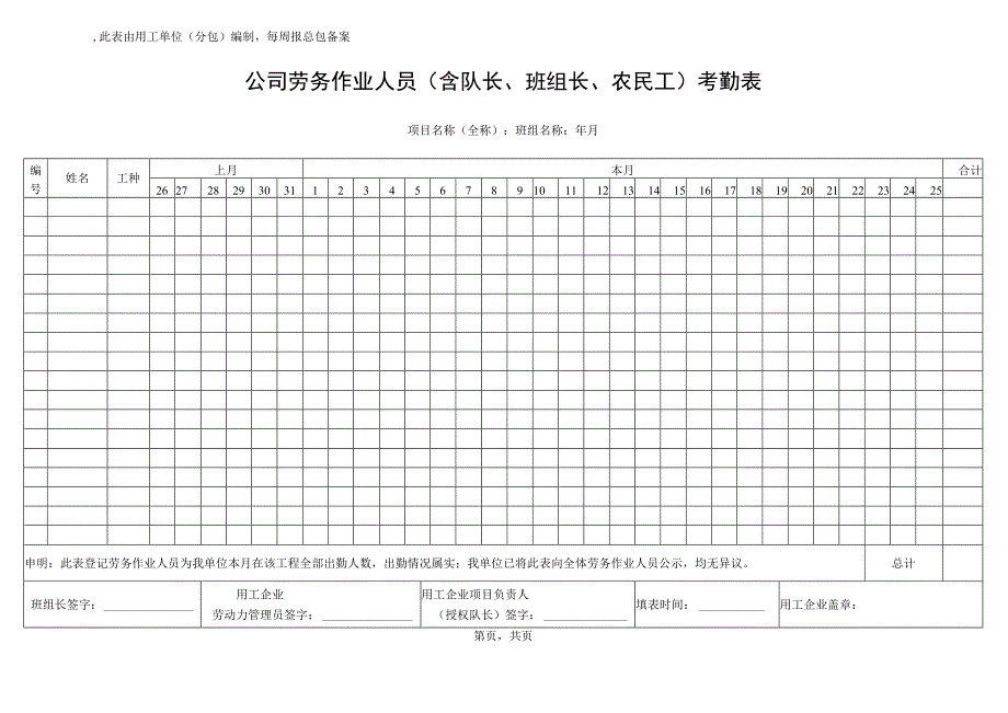 公司劳务作业人员（含队长、班组长、农民工）考勤表.docx_第1页