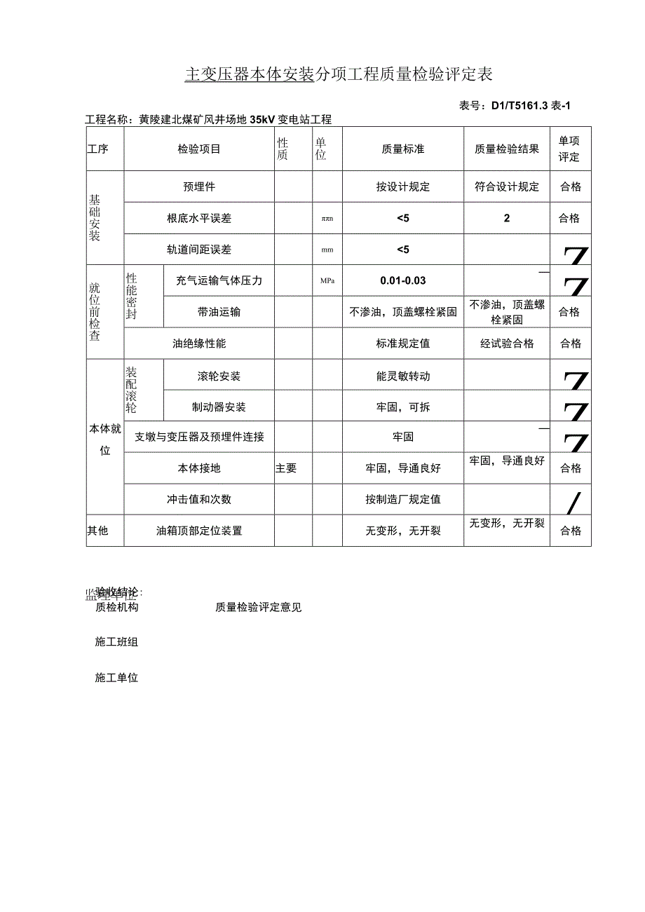 主变压器本体安装分项工程质量检验评定表.docx_第1页