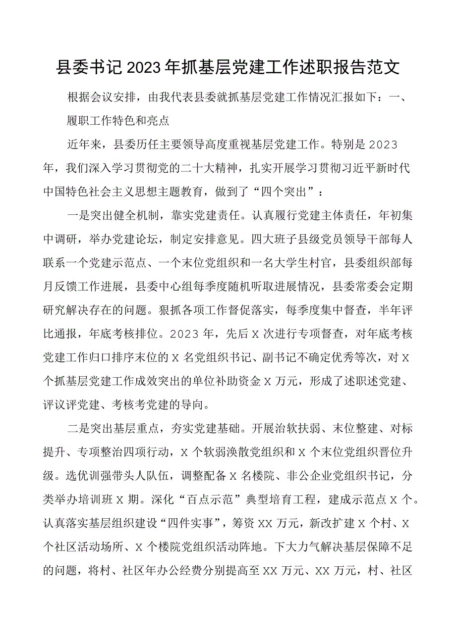 2023年抓基层x建工作述职报告团队建设总结汇报委.docx_第1页