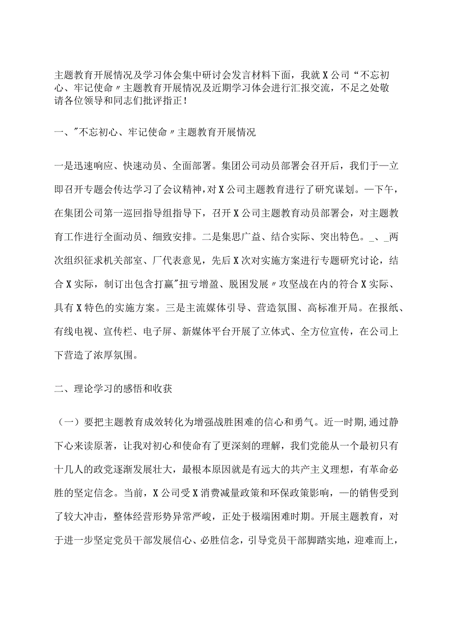 主题教育开展情况及学习体会集中研讨会发言材料.docx_第1页