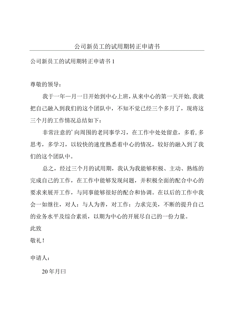 公司新员工的试用期转正申请书.docx_第1页