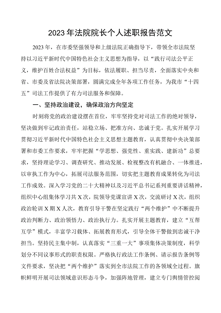 2023年法院负责人个人述职报告院长工作总结汇报.docx_第1页