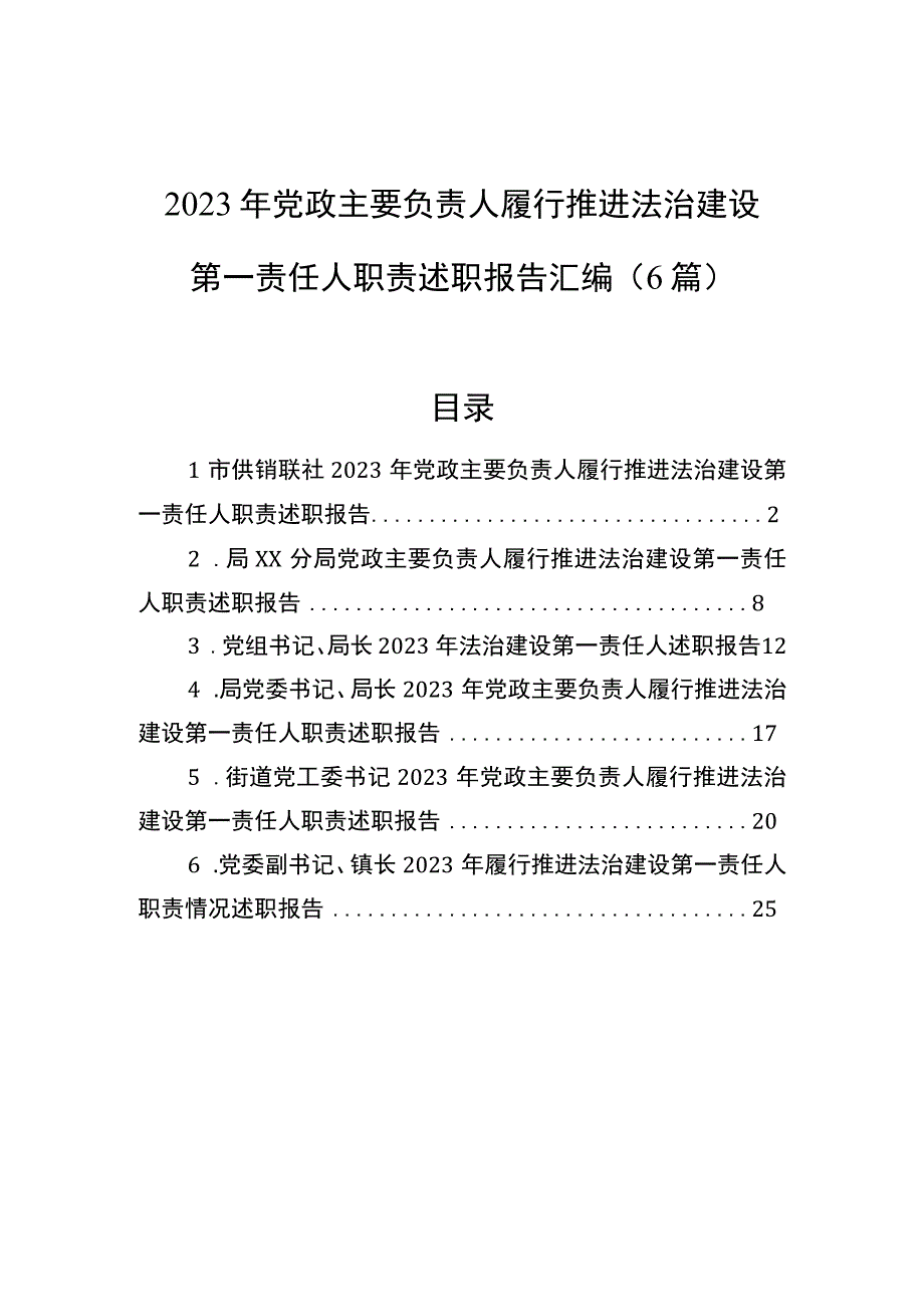 2023年党政主要负责人履行推进法治建设第一责任人职责述职报告汇编（6篇）.docx_第1页