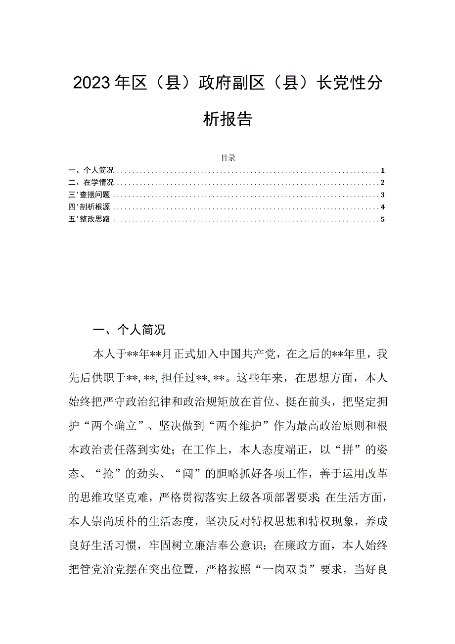 2023年区（县）政府副区（县）长党性分析报告.docx_第1页