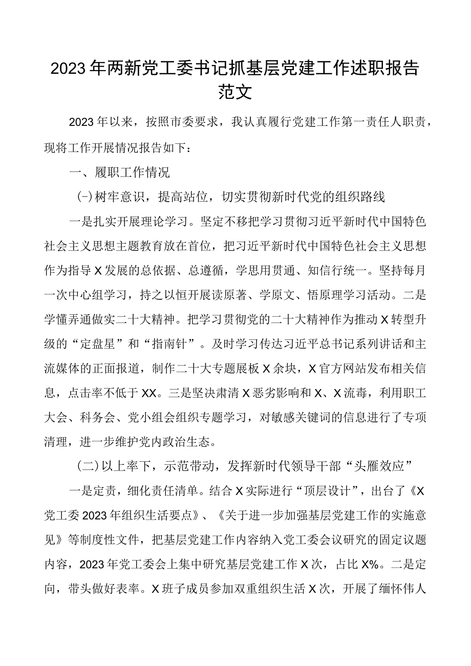 2023年两新x工委书记抓基层x建工作述职报告团队汇报总结.docx_第1页