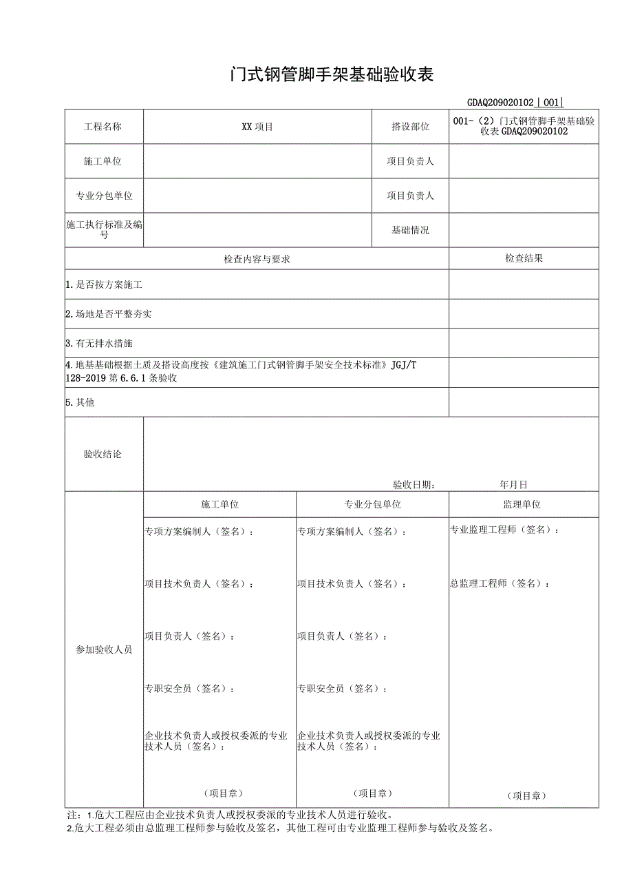 001-（2）门式钢管脚手架基础验收表GDAQ209020102.docx_第1页