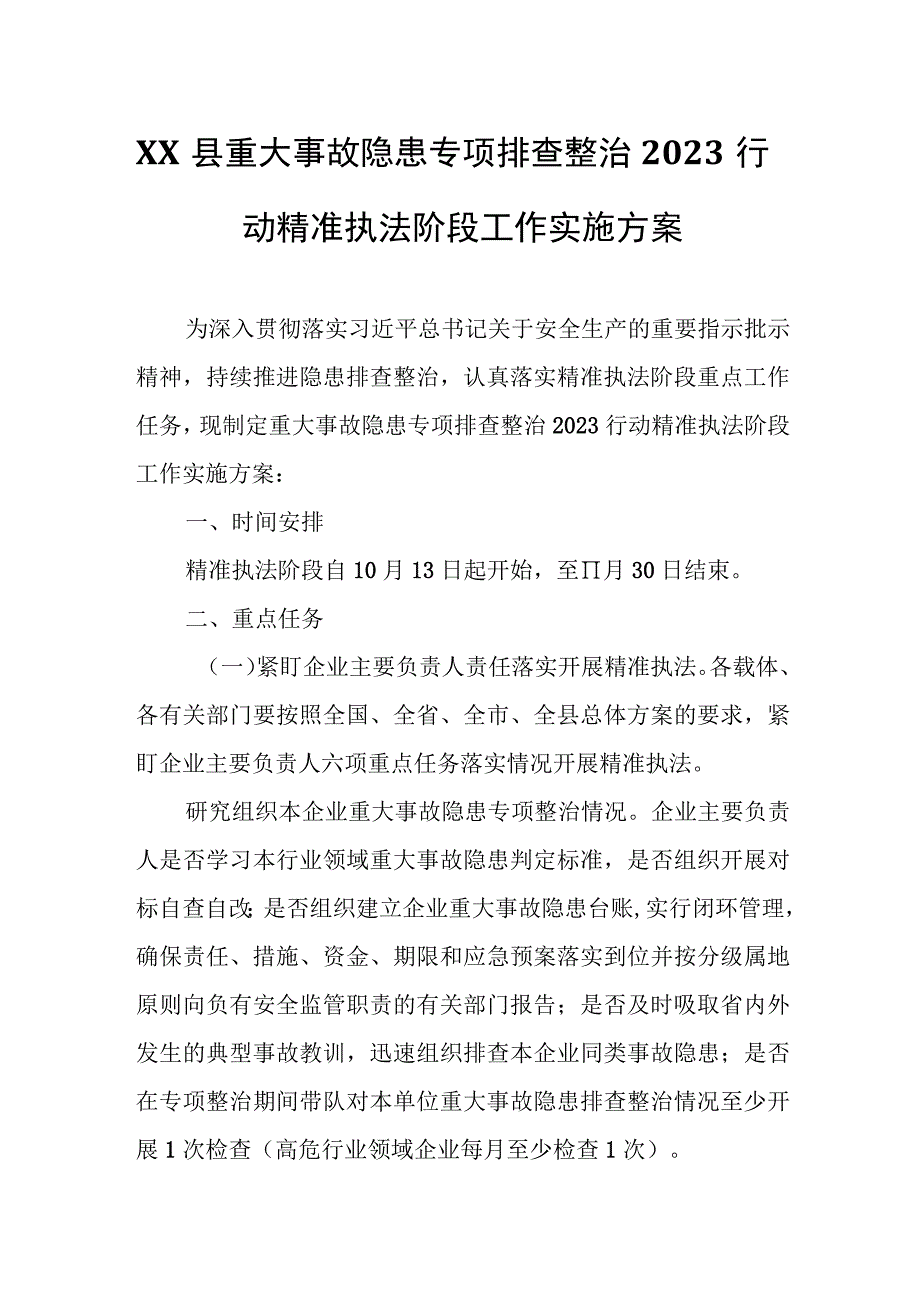 XX县重大事故隐患专项排查整治2023行动精准执法阶段工作实施方案.docx_第1页