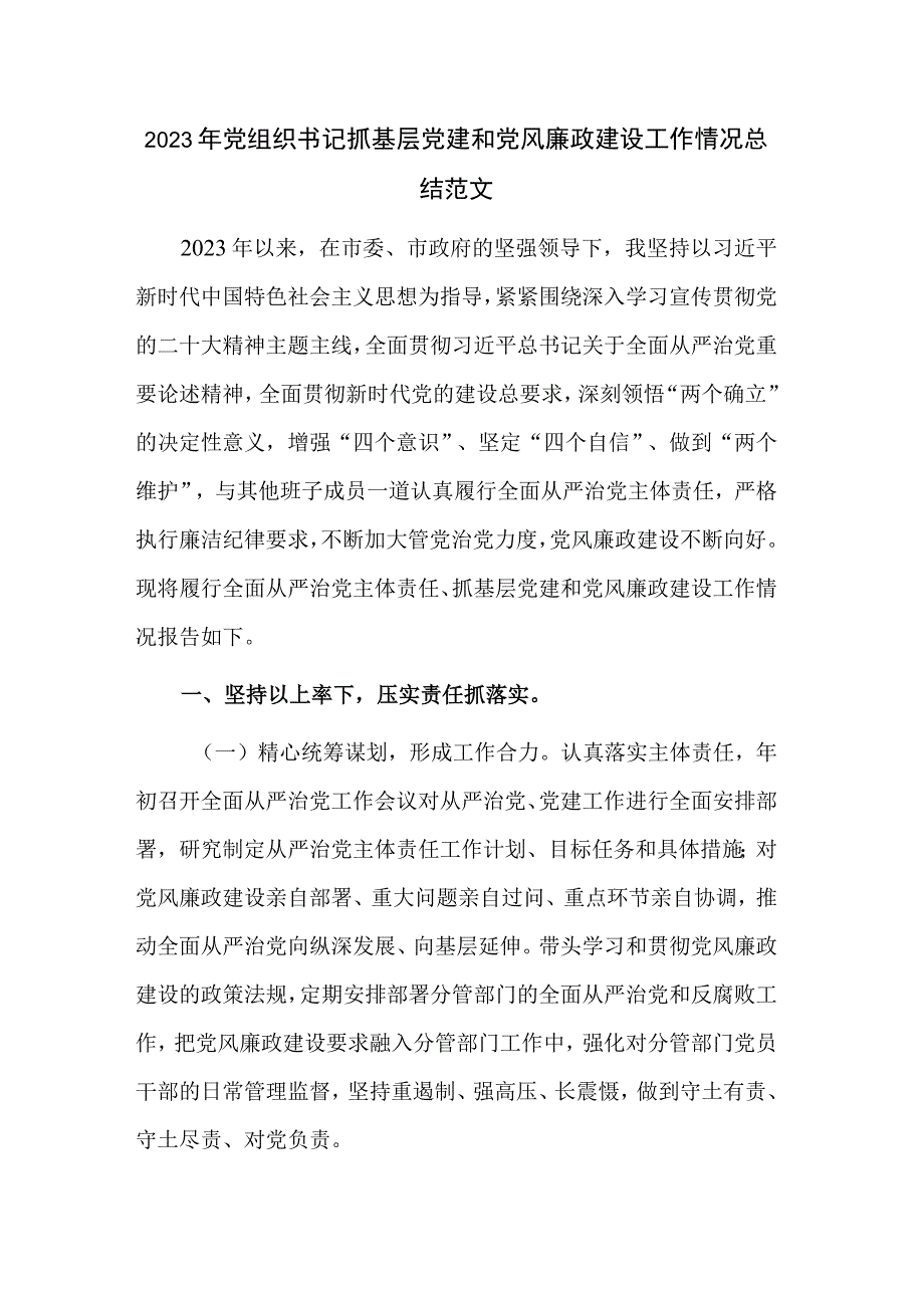 2023年党组织书记抓基层党建和党风廉政建设工作情况总结范文.docx_第1页