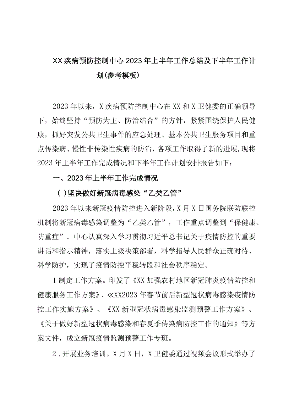 XX疾病预防控制中心2023年上半年工作总结及下半年工作计划（参考模板）.docx_第1页