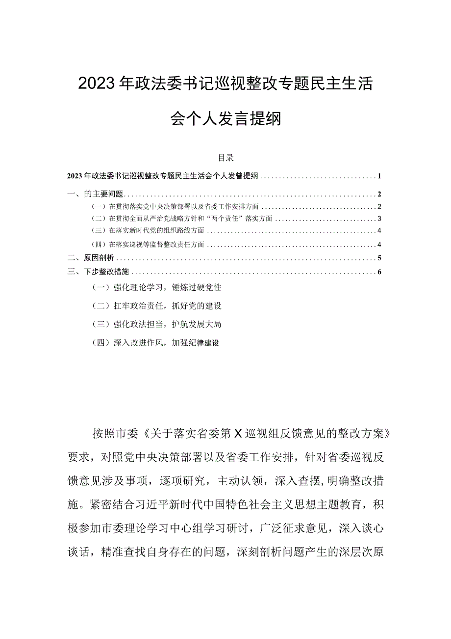 2023年政法委书记巡视整改专题民主生活会个人发言提纲.docx_第1页