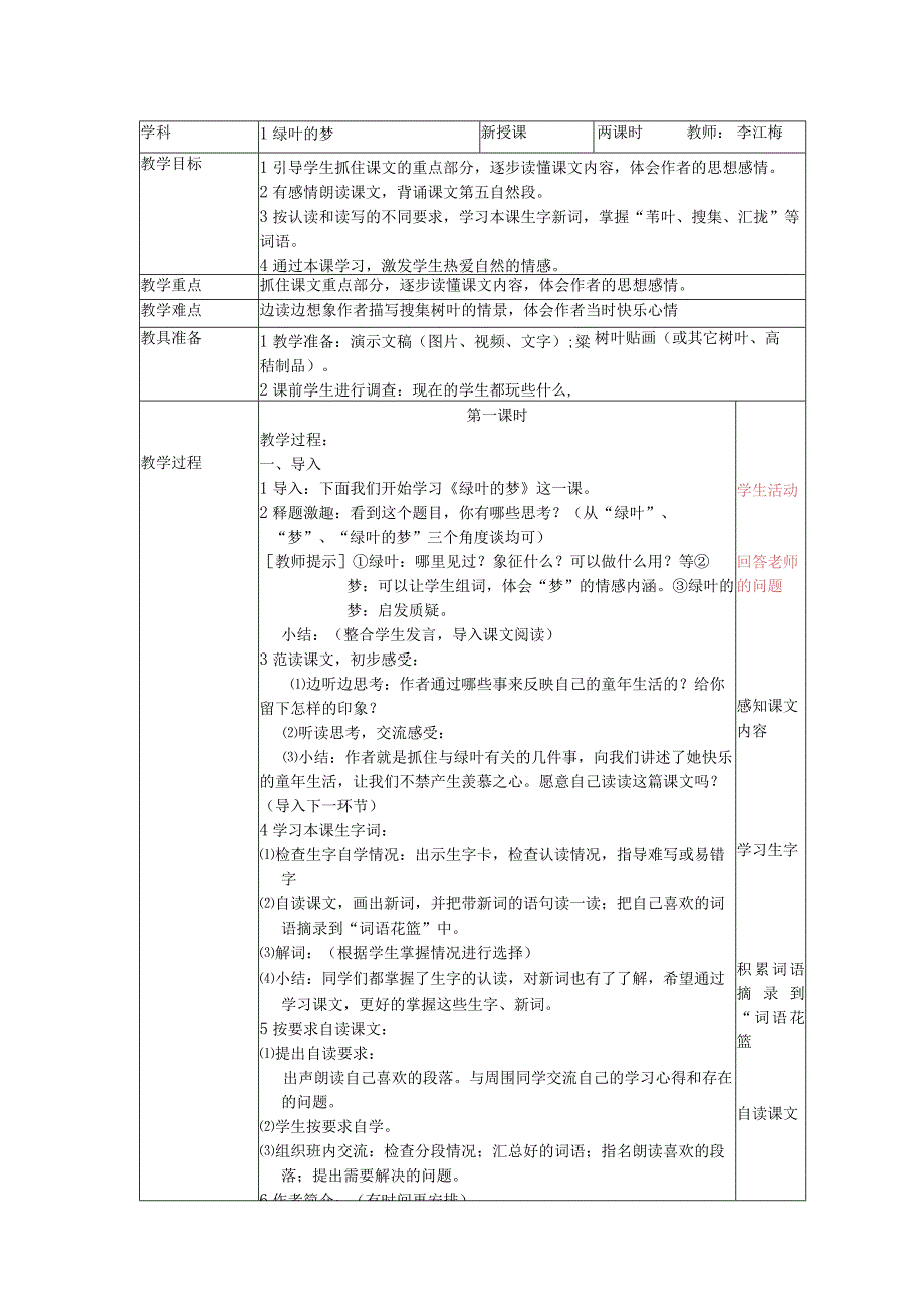 1、绿叶的梦 教案.docx_第1页