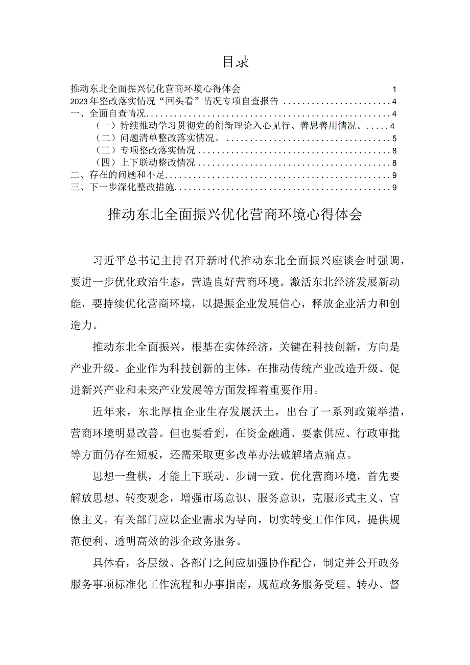 推动东北全面振兴优化营商环境心得体会、2023年整改落实情况“回头看”情况专项自查报告（2篇）.docx_第1页