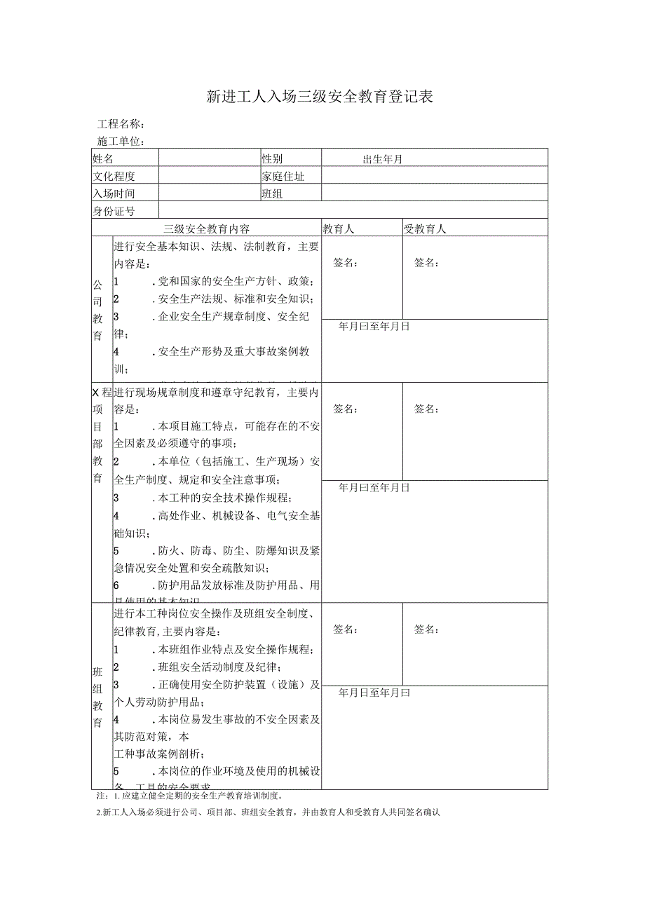 新进工人入场三级安全教育登记表.docx_第1页