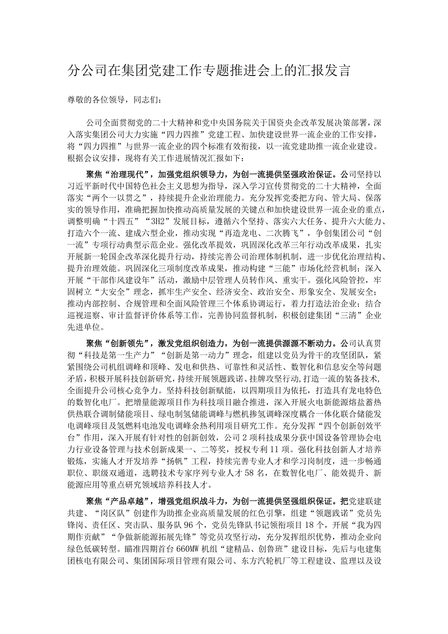 分公司在集团党建工作专题推进会上的汇报发言.docx_第1页