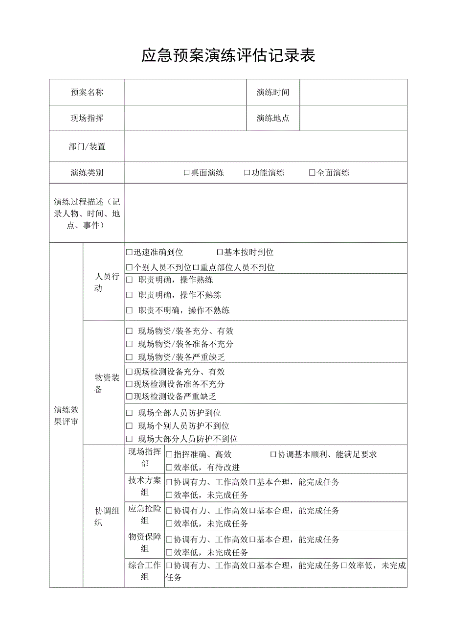 应急预案演练评估记录表(模板).docx_第1页