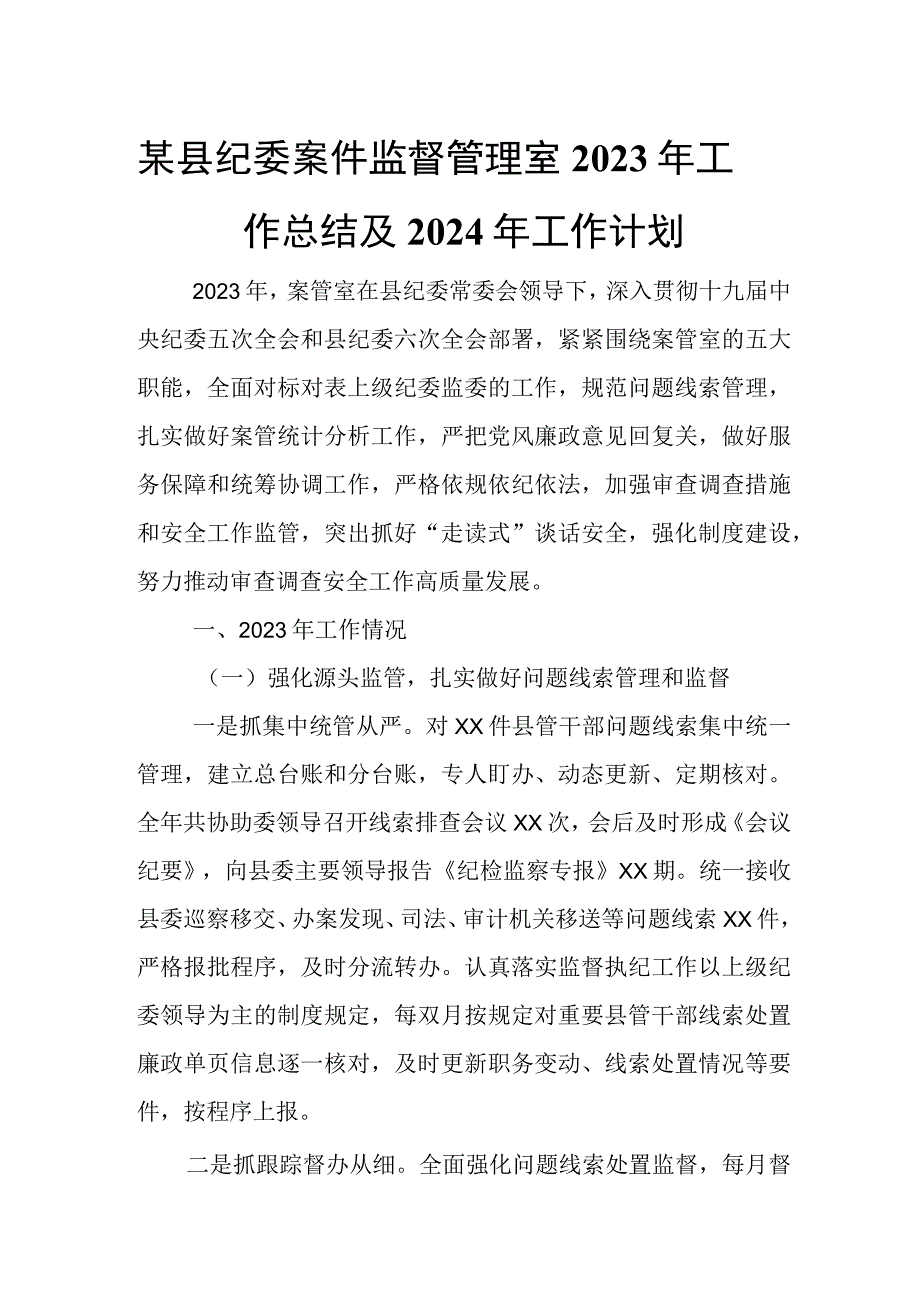 某县纪委案件监督管理室2023年工作总结及2024年工作计划.docx_第1页