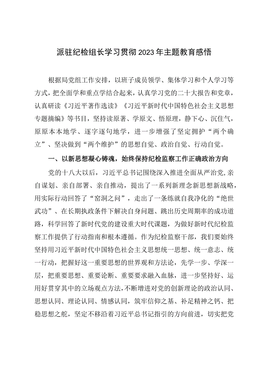 派驻纪检组长学习贯彻2023年主题教育感悟.docx_第1页