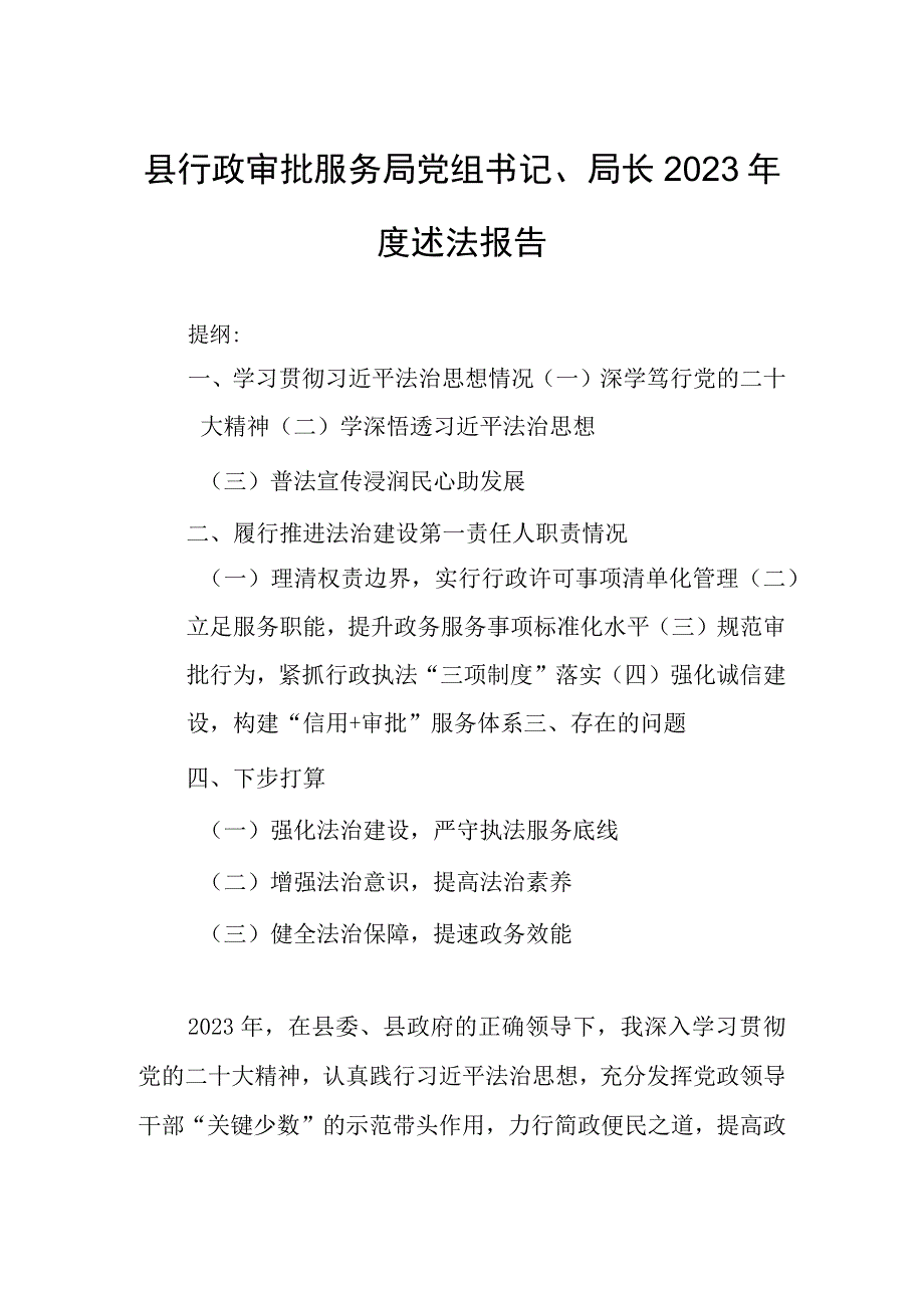 县行政审批服务局党组书记、局长2023年度述法报告.docx_第1页