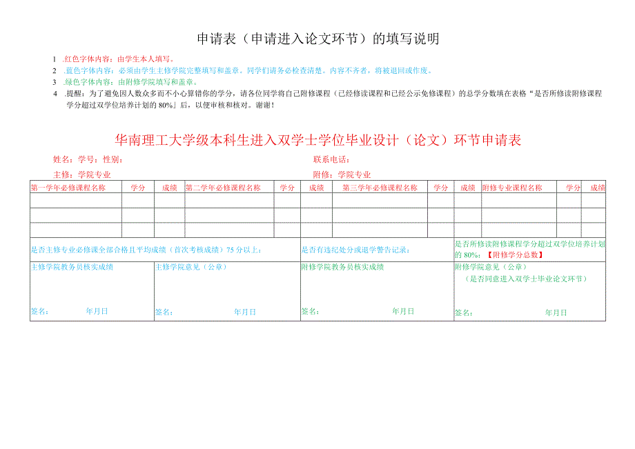 华南理工大学级本科生进入双学士学位毕业设计论文环节申请表.docx_第2页