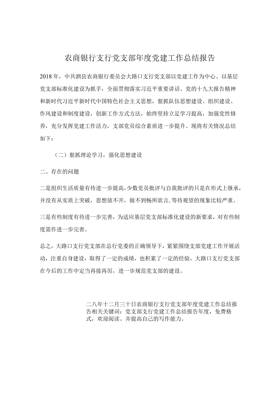 农商银行支行党支部年度党建工作总结报告.docx_第1页