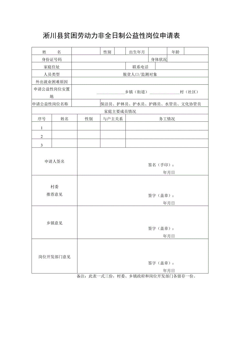 淅川县贫困劳动力非全日制公益性岗位申请表.docx_第1页