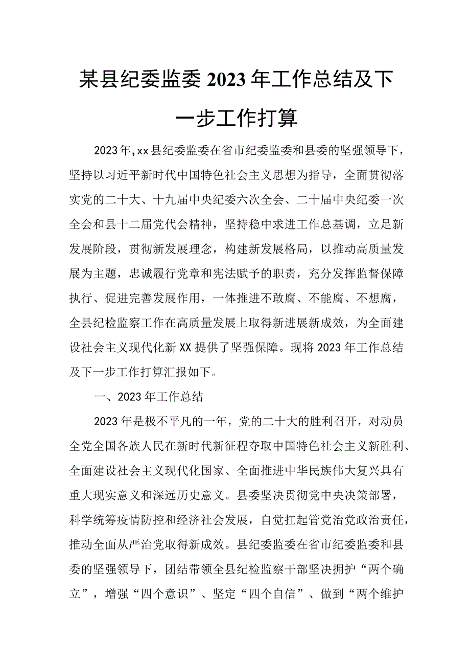 某县纪委监委2023年工作总结及下一步工作打算.docx_第1页