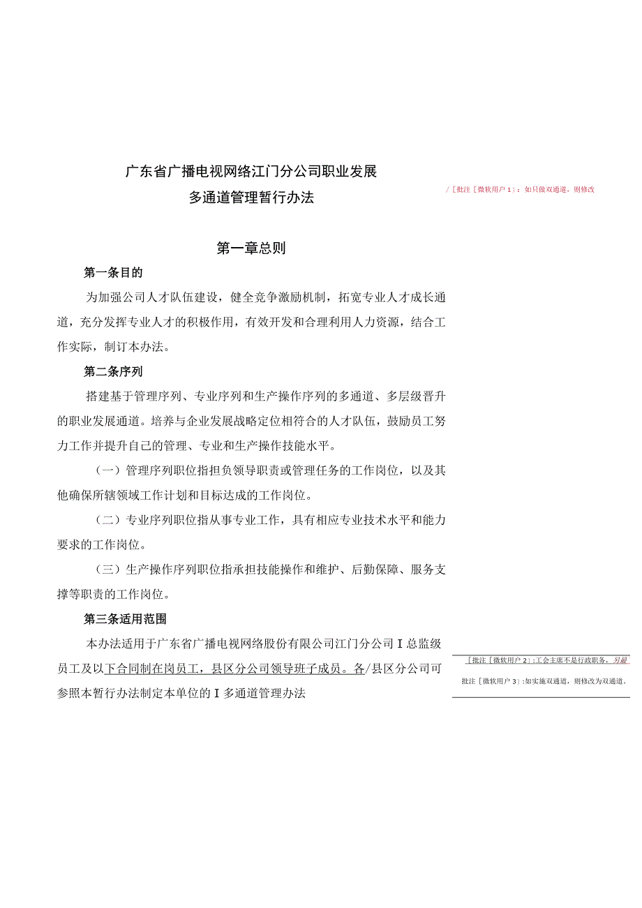 广东广电网络江门分公司职业发展多通道管理暂行办法（20190319）.docx_第1页