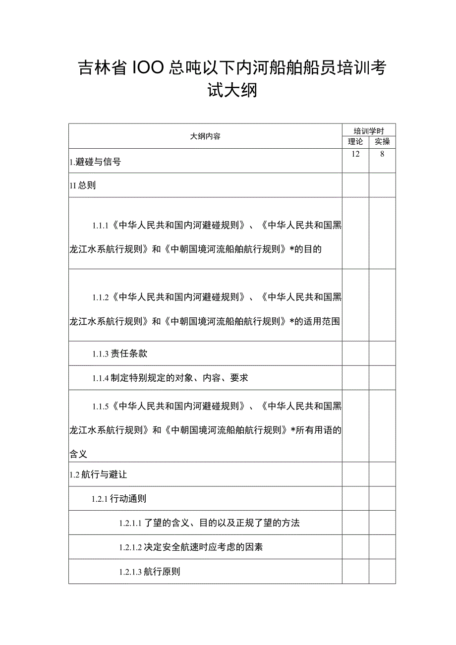 吉林省100总吨以下内河船舶船员培训考试大纲.docx_第1页