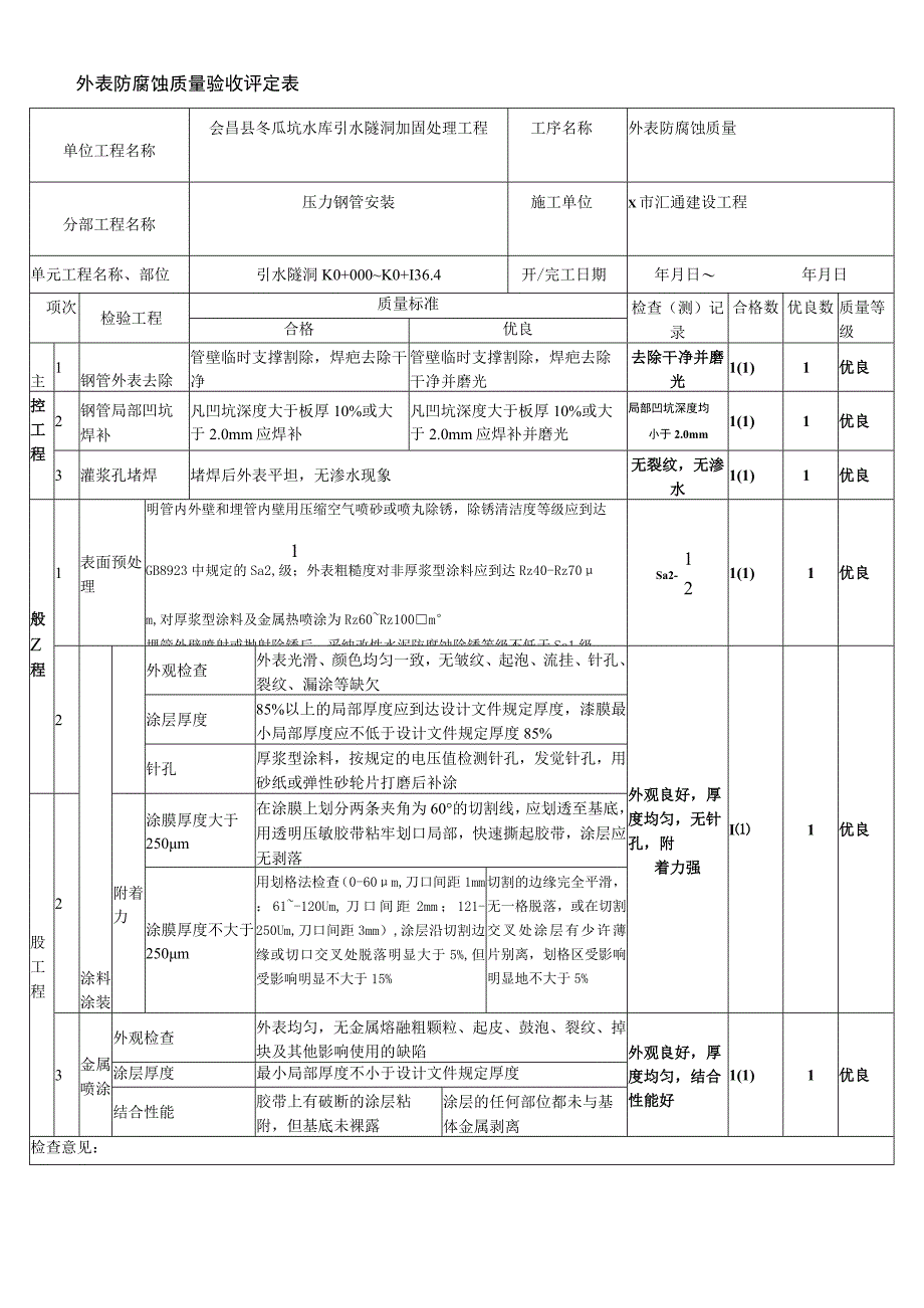 外表防腐蚀质量验收评定表.docx_第1页