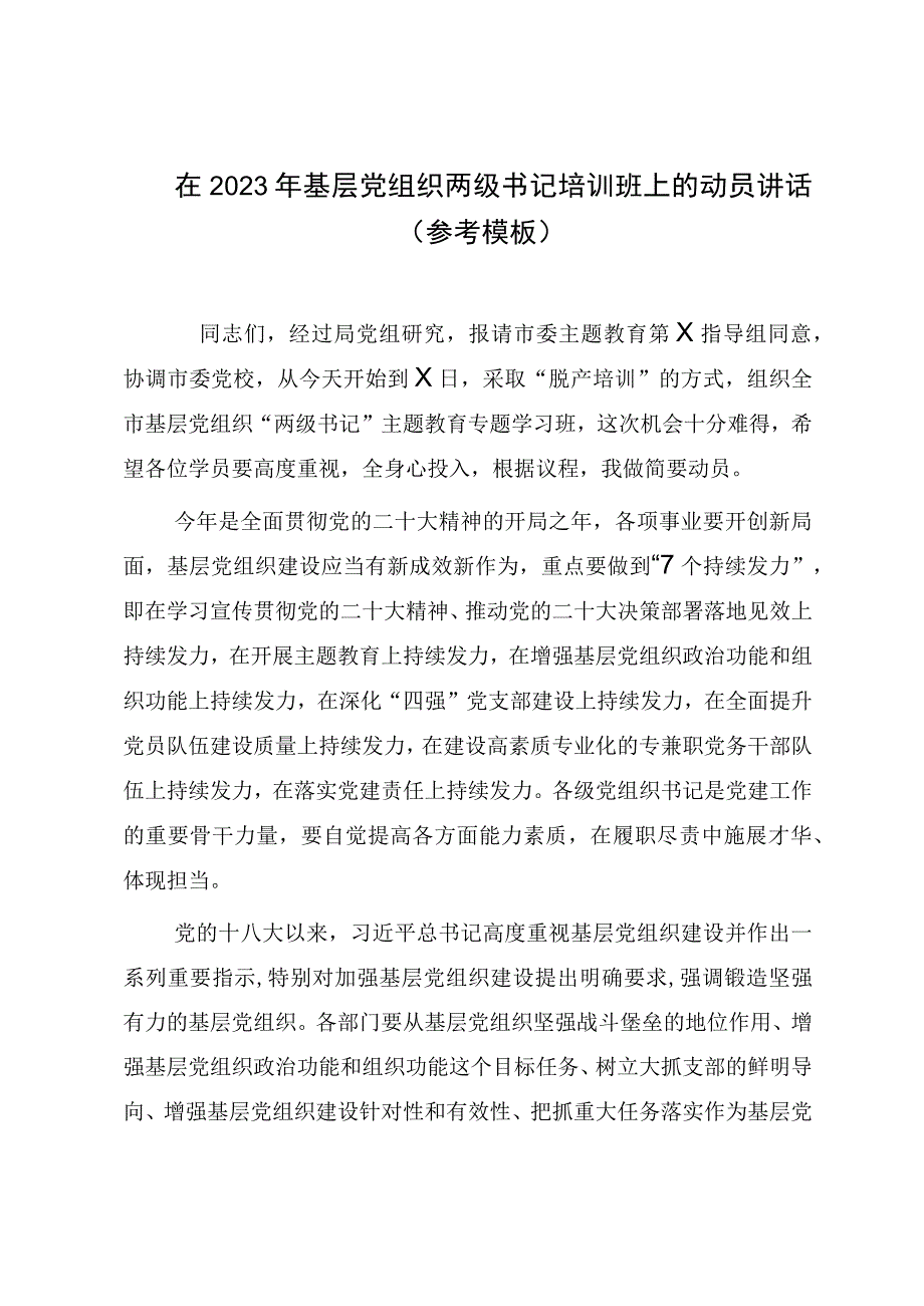 在2023年基层党组织两级书记培训班上的动员讲话（参考模板）.docx_第1页