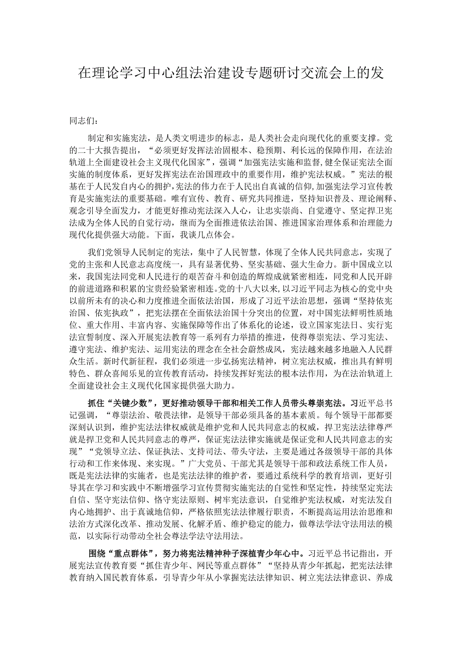 在理论学习中心组法治建设专题研讨交流会上的发言.docx_第1页