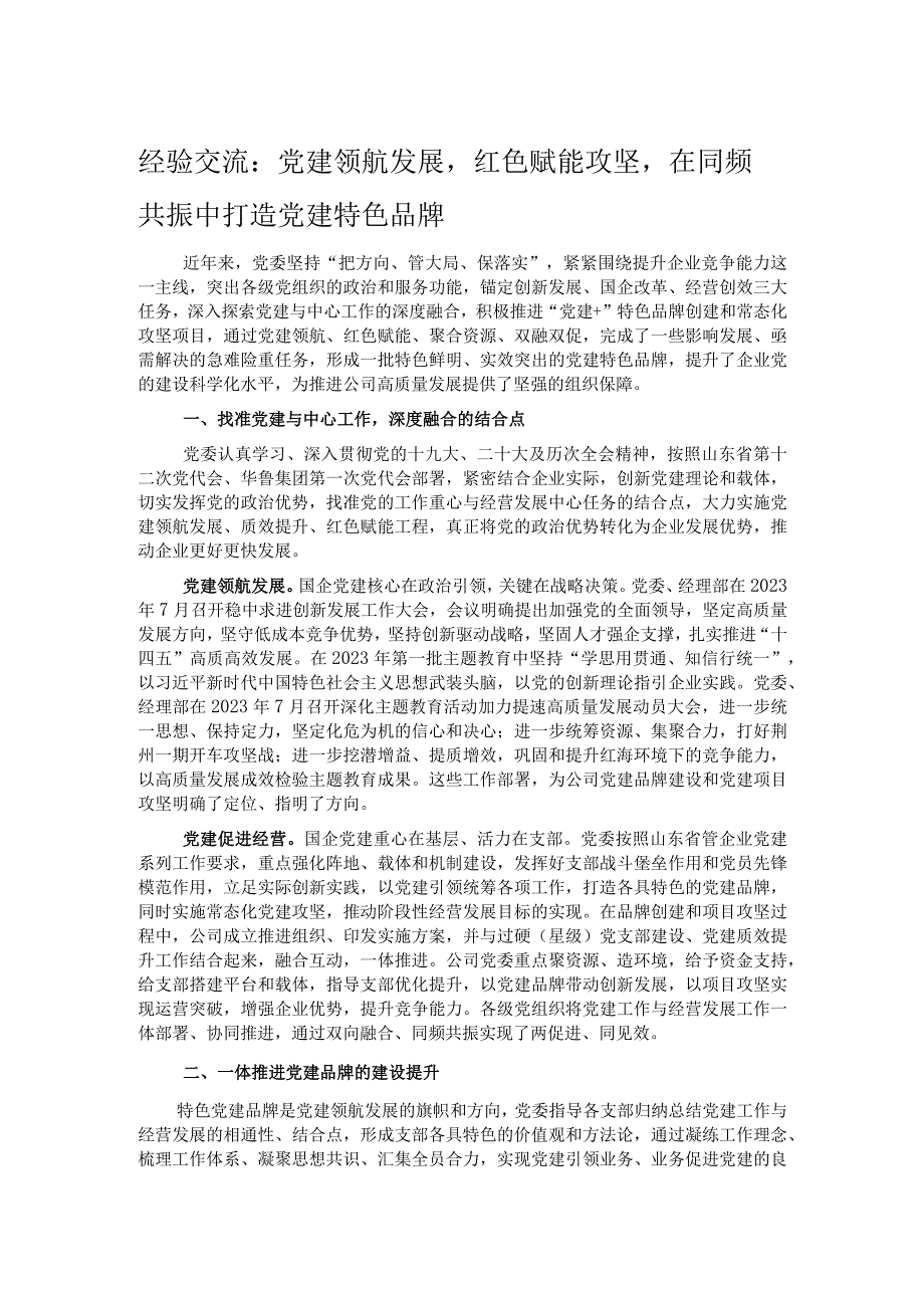 经验交流：党建领航发展 红色赋能攻坚 在同频共振中打造党建特色品牌.docx_第1页