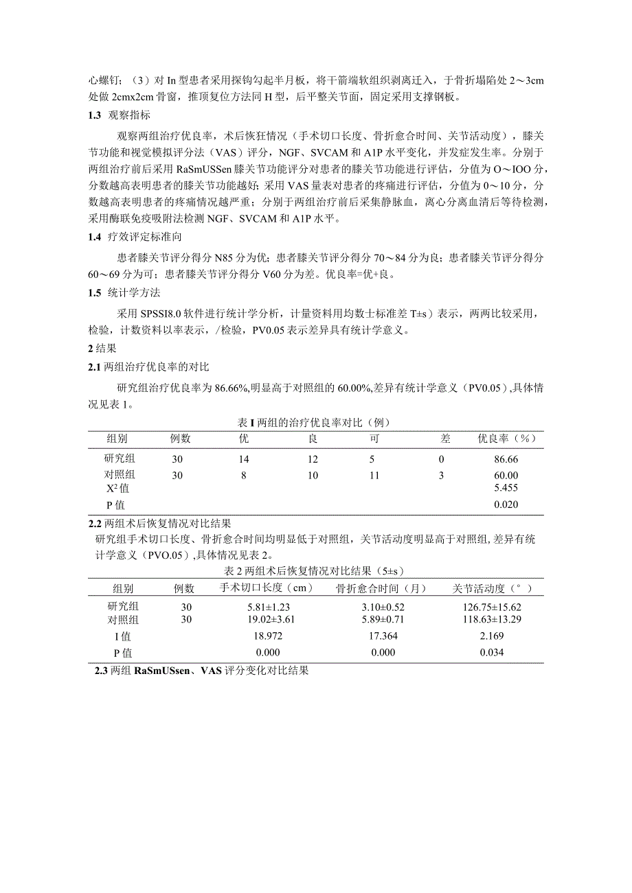 膝关节镜下有限切开骨折复位内固定术治疗胫骨平台骨折的疗效及对血清NGF、sVCAM和ALP水平的影响.docx_第3页