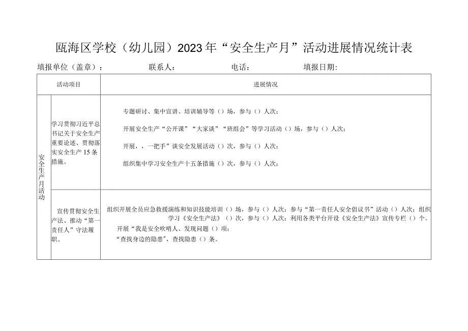 瓯海区学校幼儿园2022年“安全生产月”活动进展情况统计表.docx_第1页