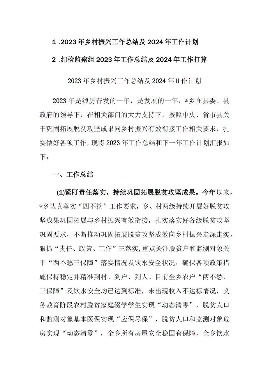 2023年乡村振兴和纪检监察组2023年工作总结及2024年工作计划范文2篇.docx_第1页