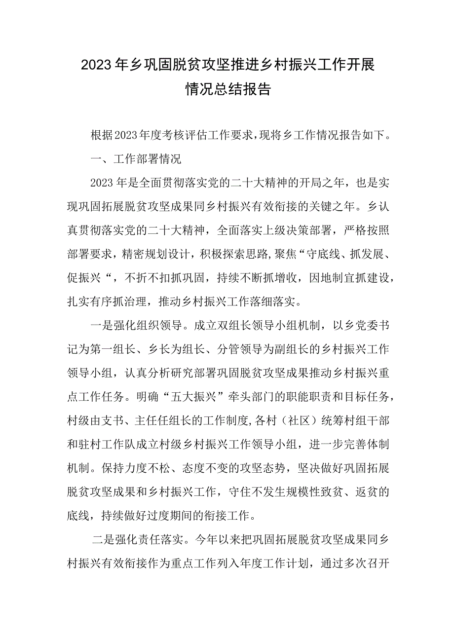 2023年乡巩固脱贫攻坚推进乡村振兴工作开展情况总结报告.docx_第1页