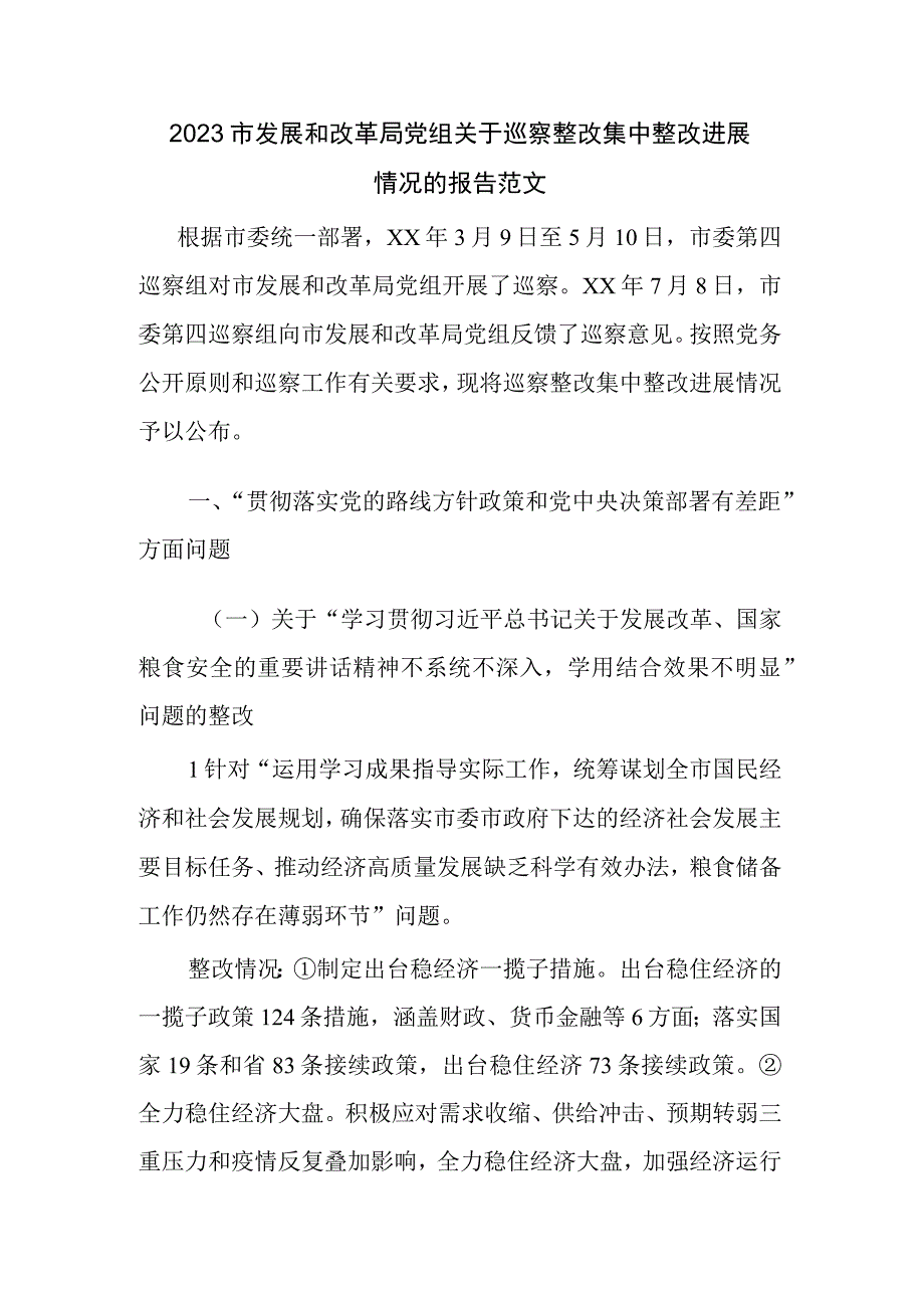 2023市发展和改革局党组关于巡察整改集中整改进展情况的报告范文.docx_第1页