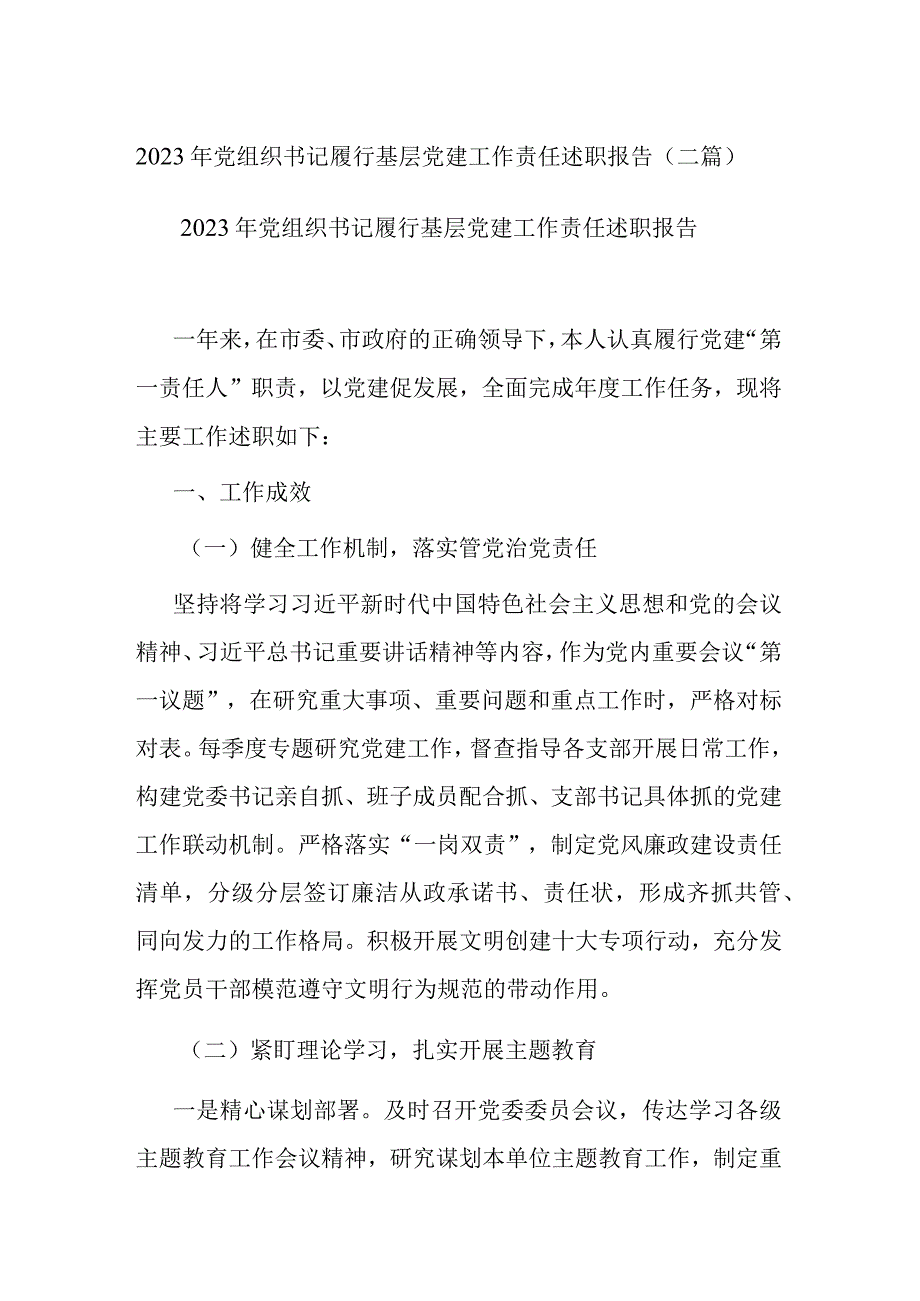 2023年党组织书记履行基层党建工作责任述职报告(二篇).docx_第1页