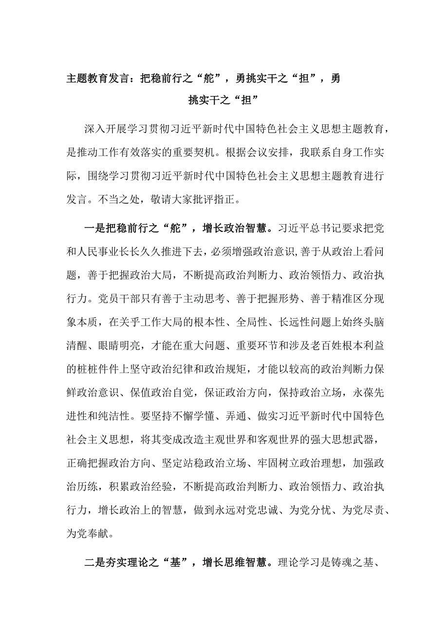 主题教育发言：把稳前行之“舵”勇挑实干之“担”勇挑实干之“担”.docx_第1页