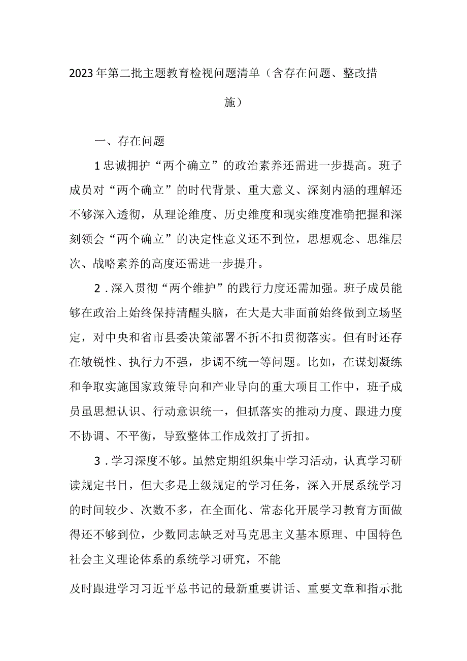 2023年第二批主题教育检视问题清单（含存在问题、整改措施）.docx_第1页