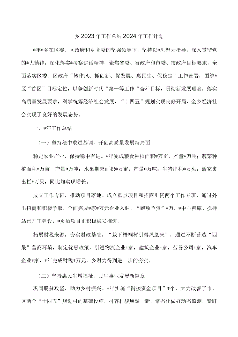 乡2023年工作总结2024年工作计划.docx_第1页