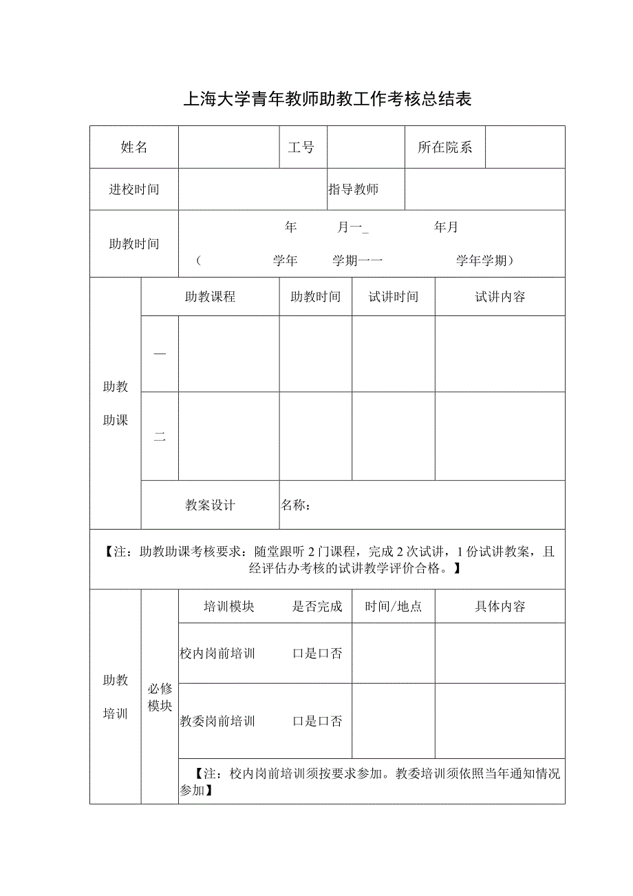 上海大学青年教师助教工作年度考核总结表.docx_第1页