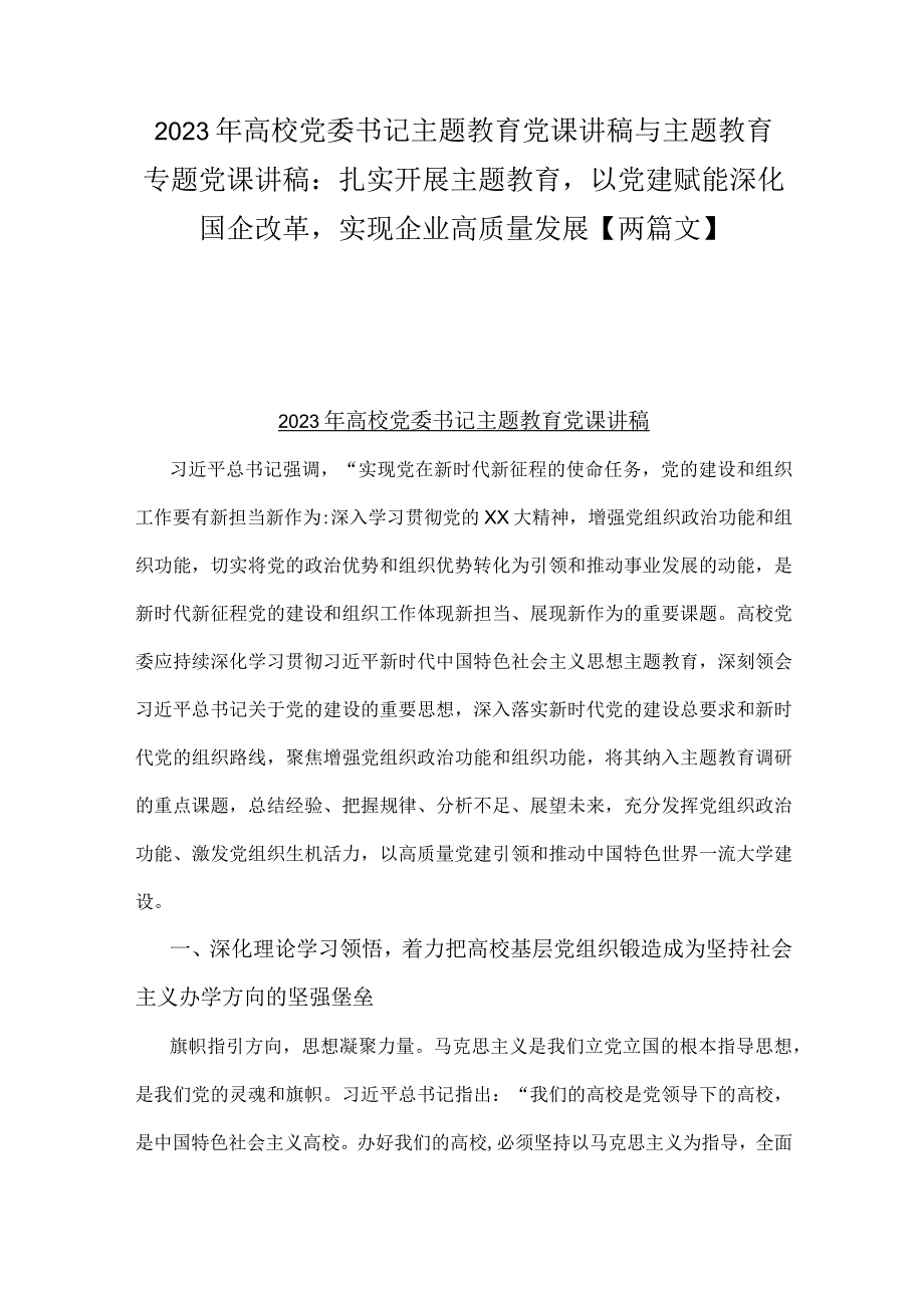 2023年高校党委书记主题教育党课讲稿与主题教育专题党课讲稿：扎实开展主题教育以党建赋能深化国企改革实现企业高质量发展【两篇文】.docx_第1页