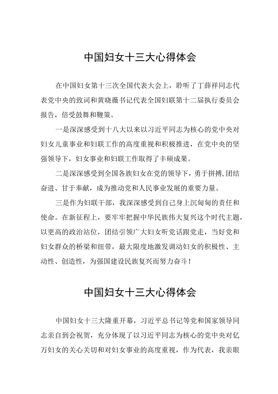 2023年妇女干部学习中国妇女第十三次全国代表大会精神心得体会十八篇.docx_第1页