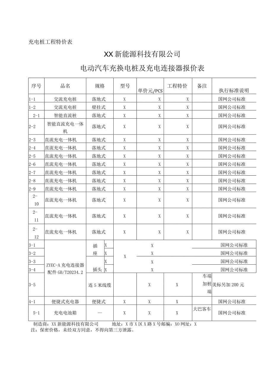 XX新能源科技有限公司XX充电桩工程报价表（2023年）.docx_第1页