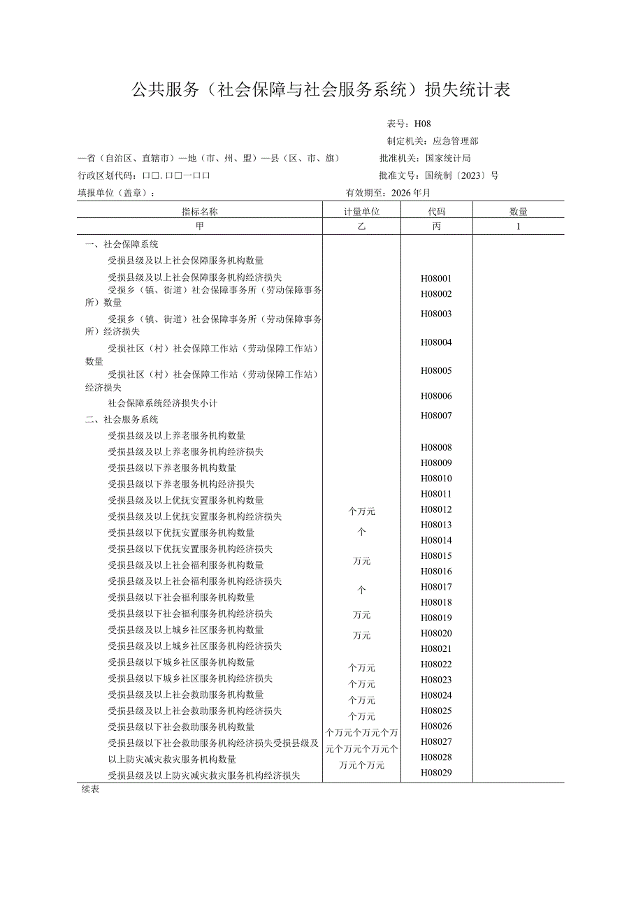 公共服务（社会保障与社会服务系统）损失统计表.docx_第1页